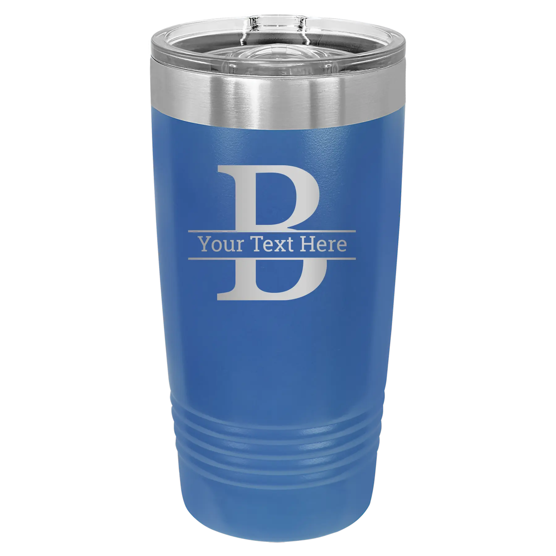 Personalized royal blue 20 oz vacuum insulated tumbler with 'Monogram letter B' design