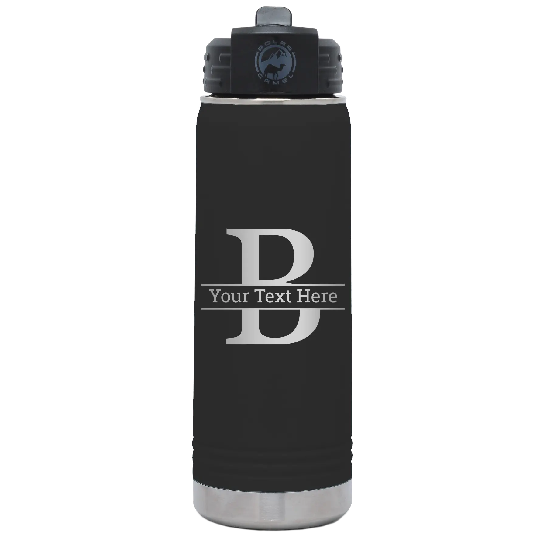 Personalized black 20 oz vacuum insulated water bottle with 'Monogram letter B' design