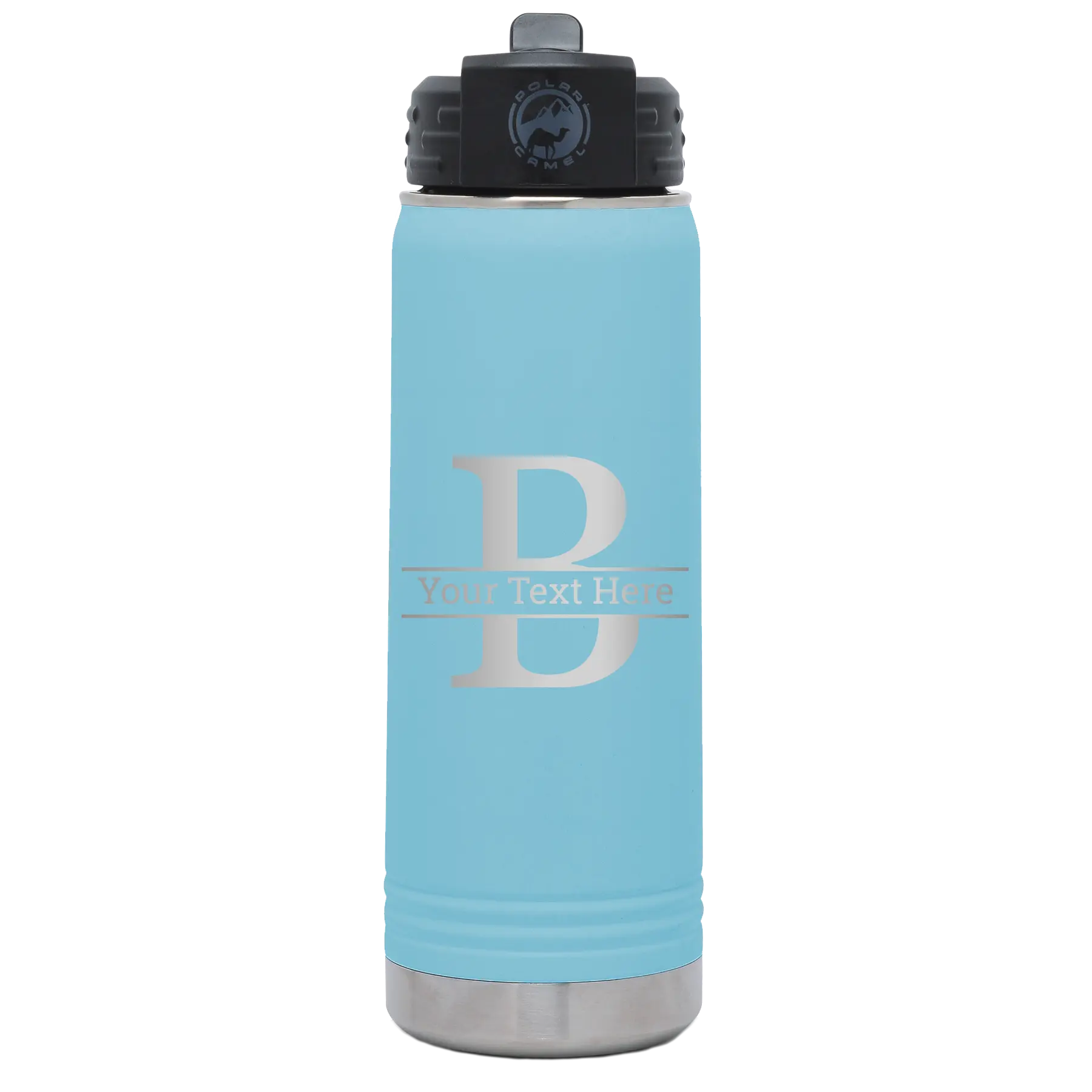 Personalized light blue 20 oz vacuum insulated water bottle with 'Monogram letter B' design