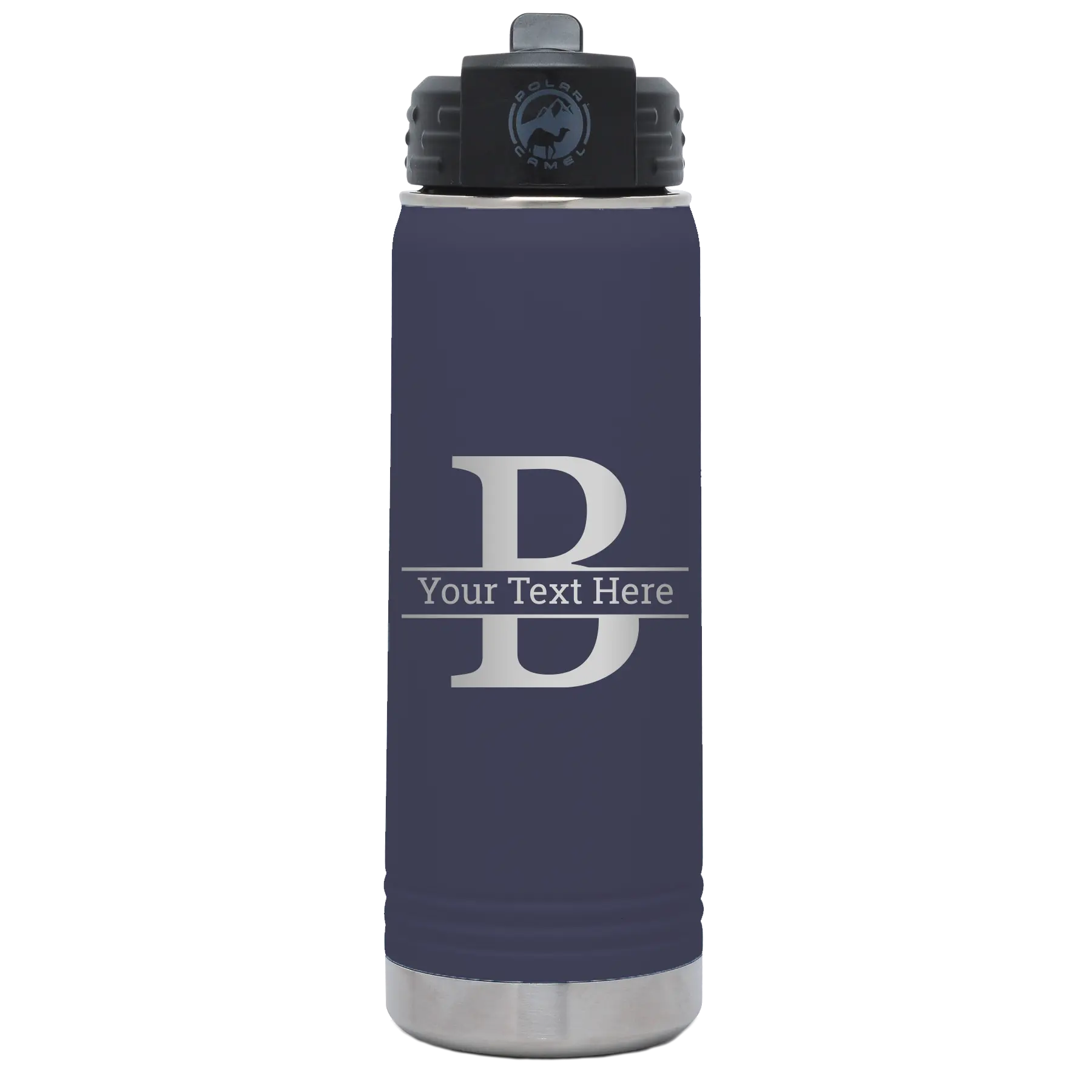 Personalized navy 20 oz vacuum insulated water bottle with 'Monogram letter B' design