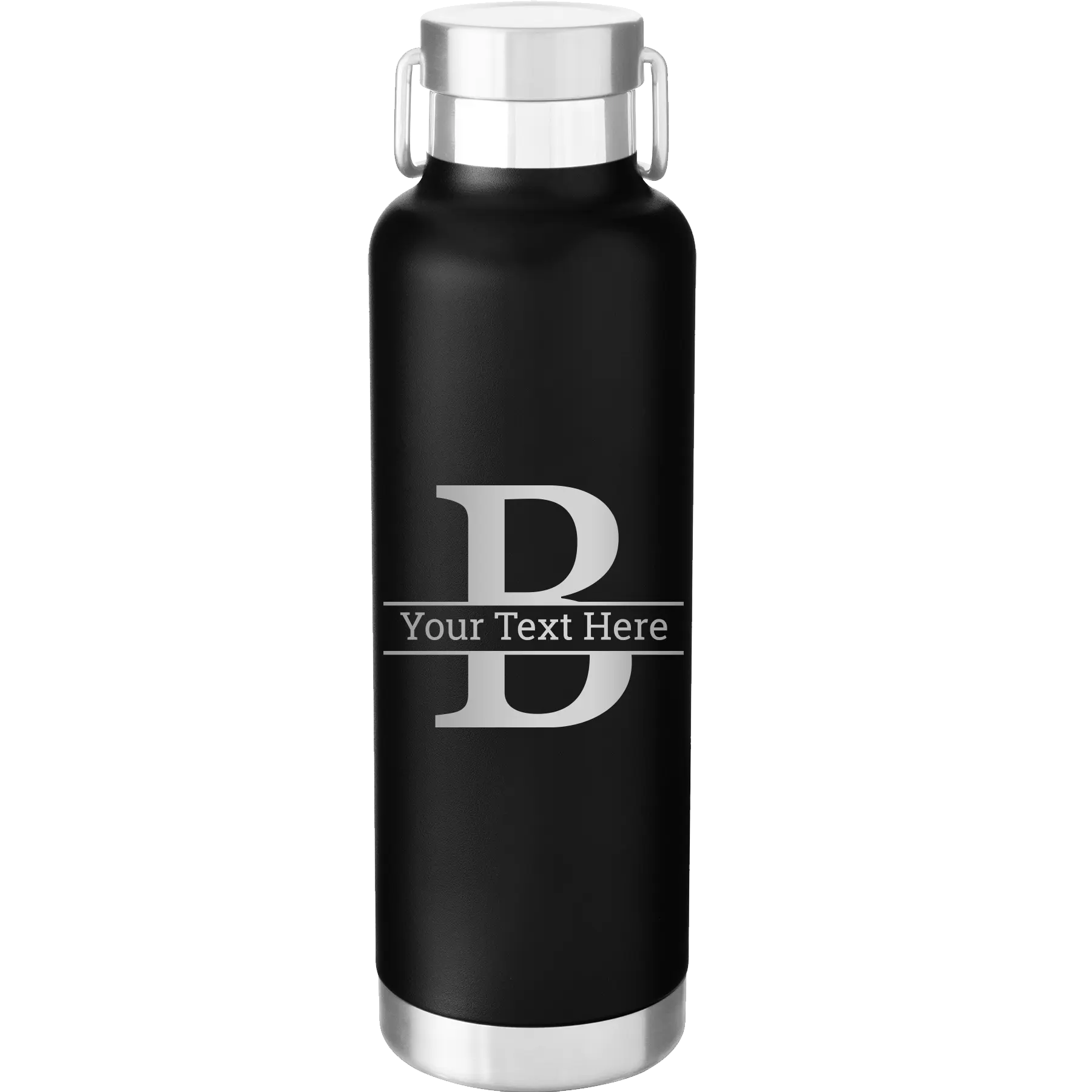 Personalized black 24 oz vacuum insulated water bottle with 'Monogram letter B' design