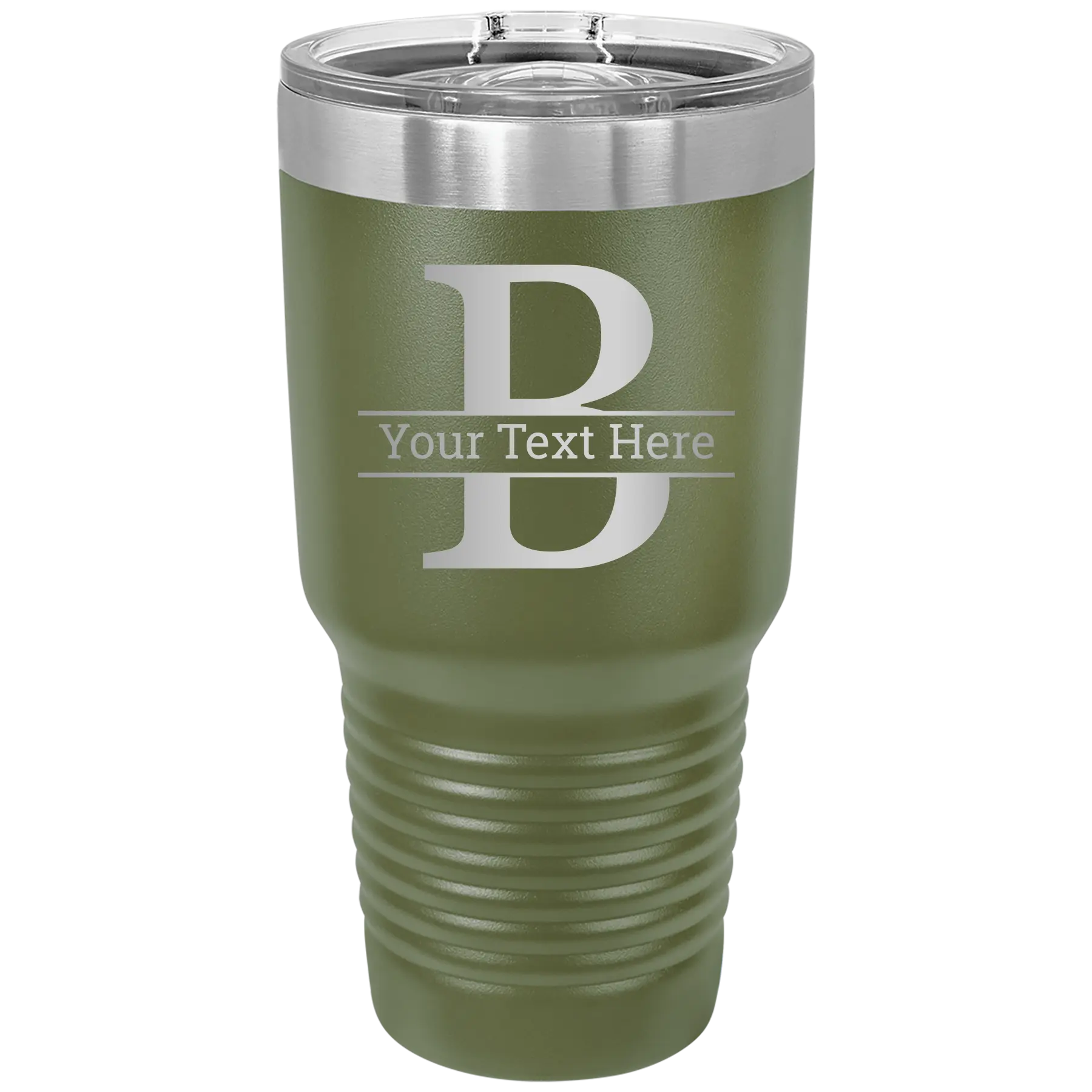 Personalized olive green 30 oz vacuum insulated tumbler with 'Monogram letter B' design