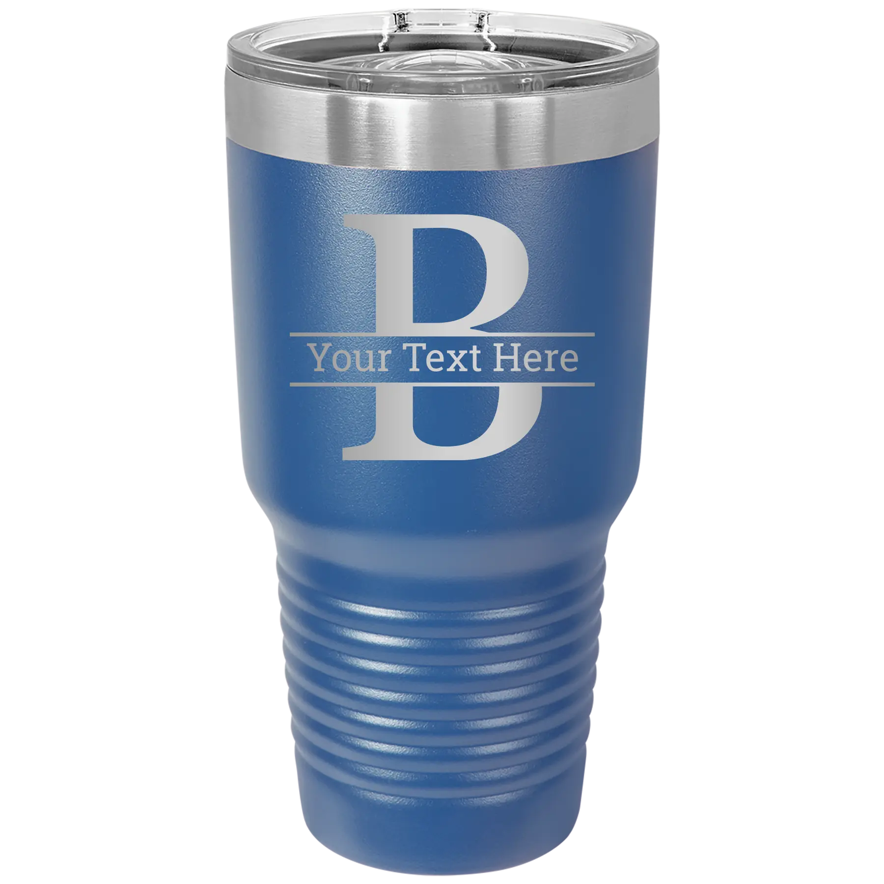 Personalized royal blue 30 oz vacuum insulated tumbler with 'Monogram letter B' design
