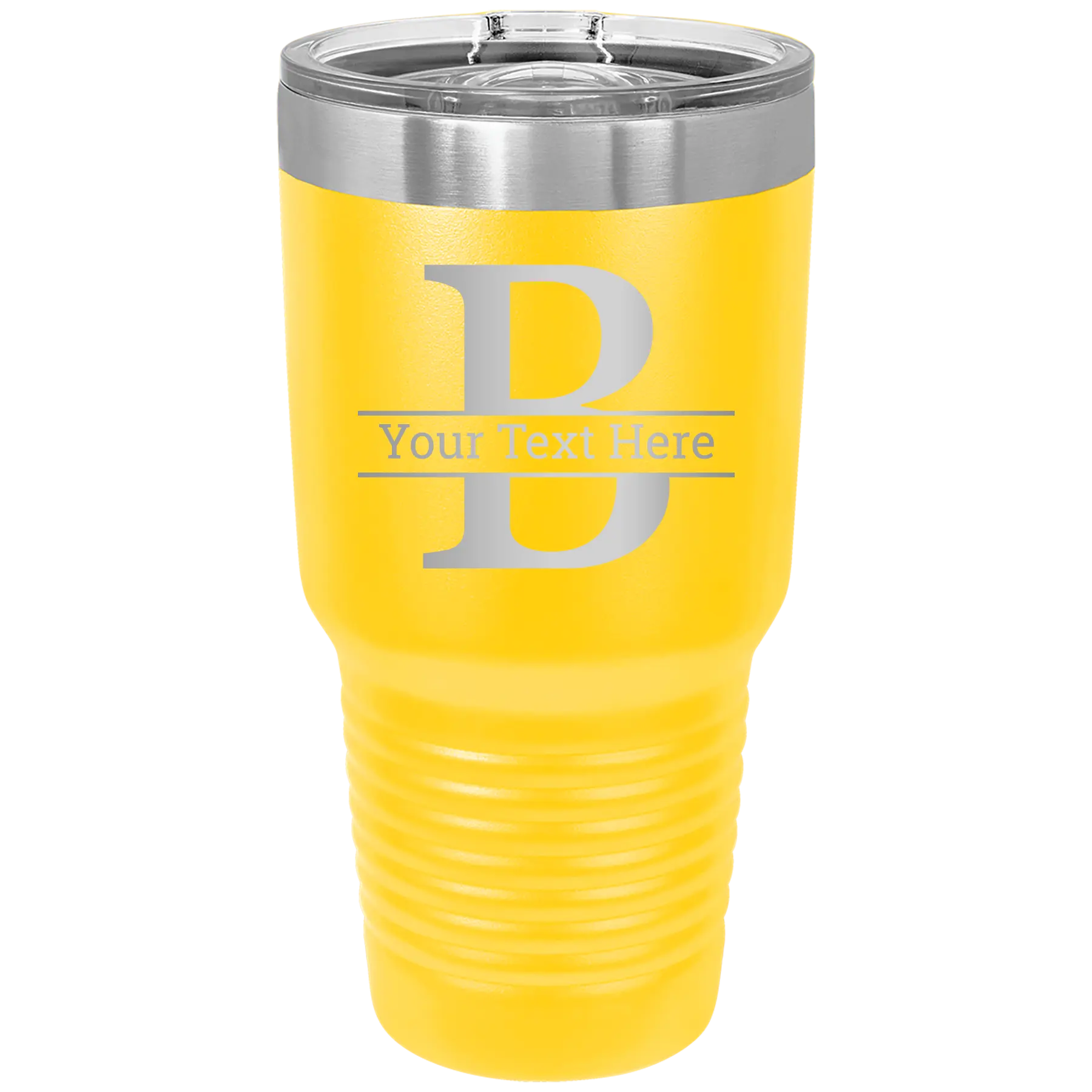 Personalized yellow 30 oz vacuum insulated tumbler with 'Monogram letter B' design