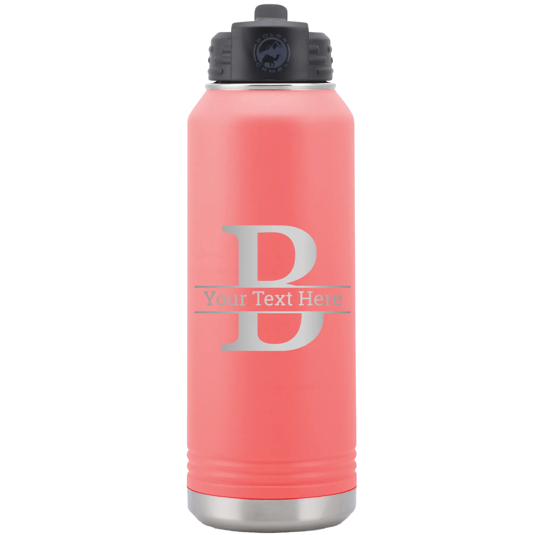 Personalized coral 32 oz vacuum insulated water bottle with 'Monogram letter B' design