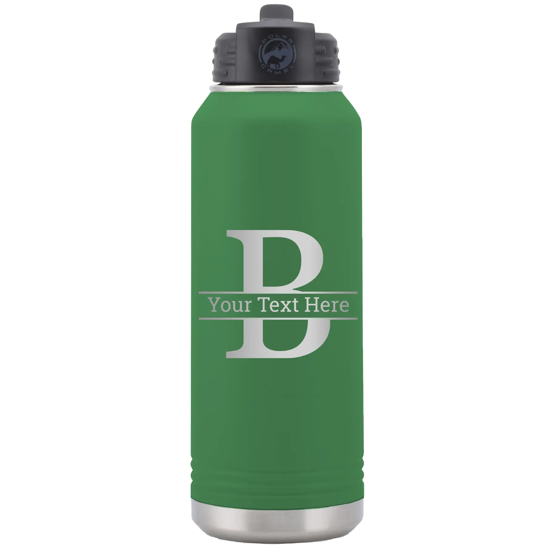 Personalized green 32 oz vacuum insulated water bottle with 'Monogram letter B' design