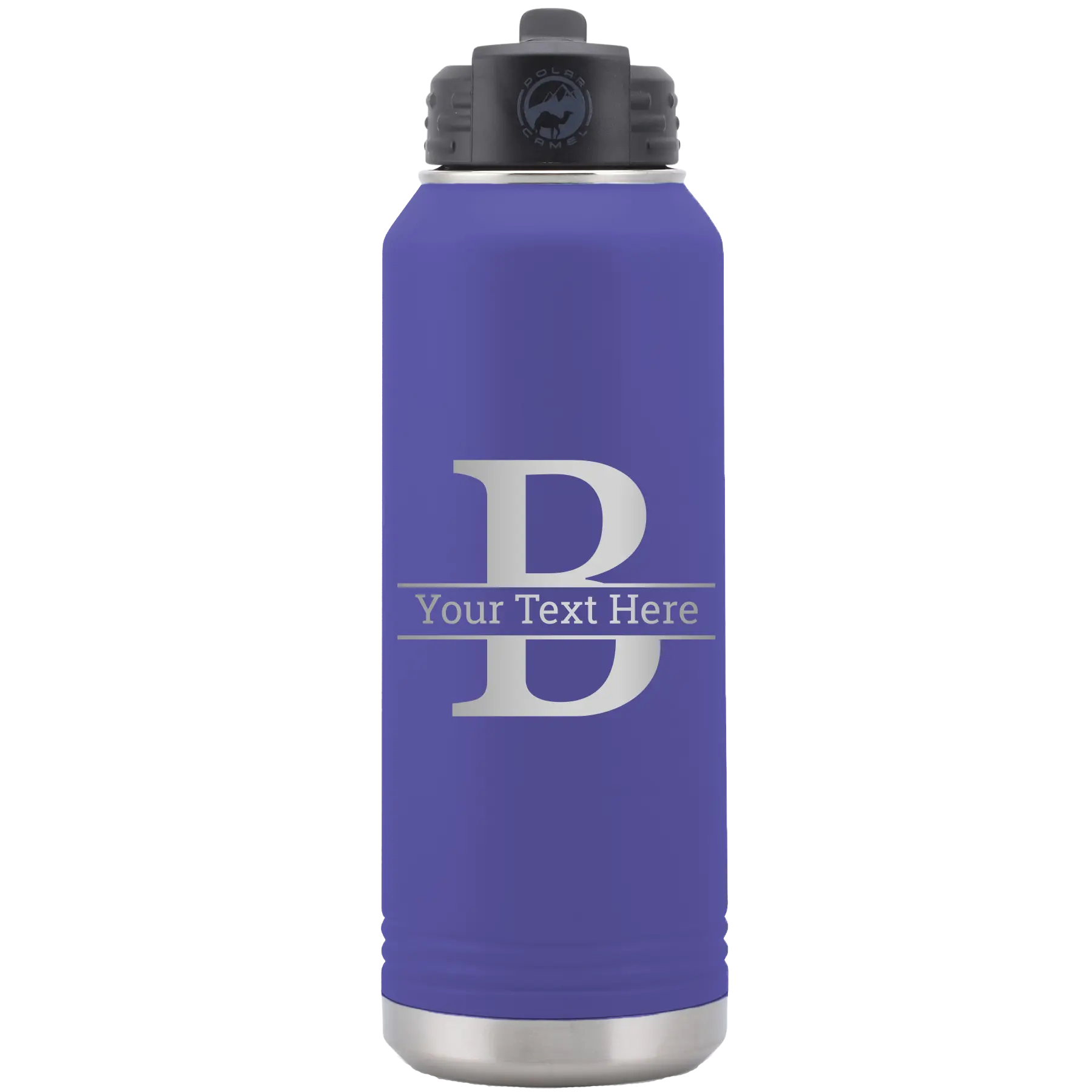 Personalized purple 32 oz vacuum insulated water bottle with 'Monogram letter B' design