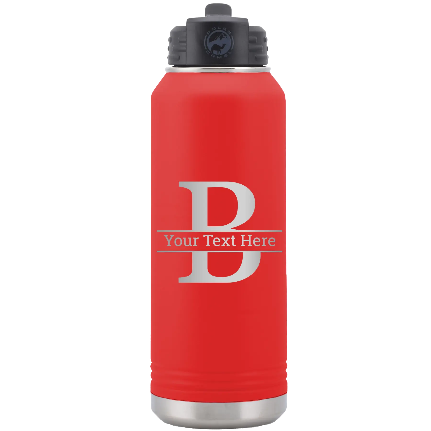 Personalized red 32 oz vacuum insulated water bottle with 'Monogram letter B' design