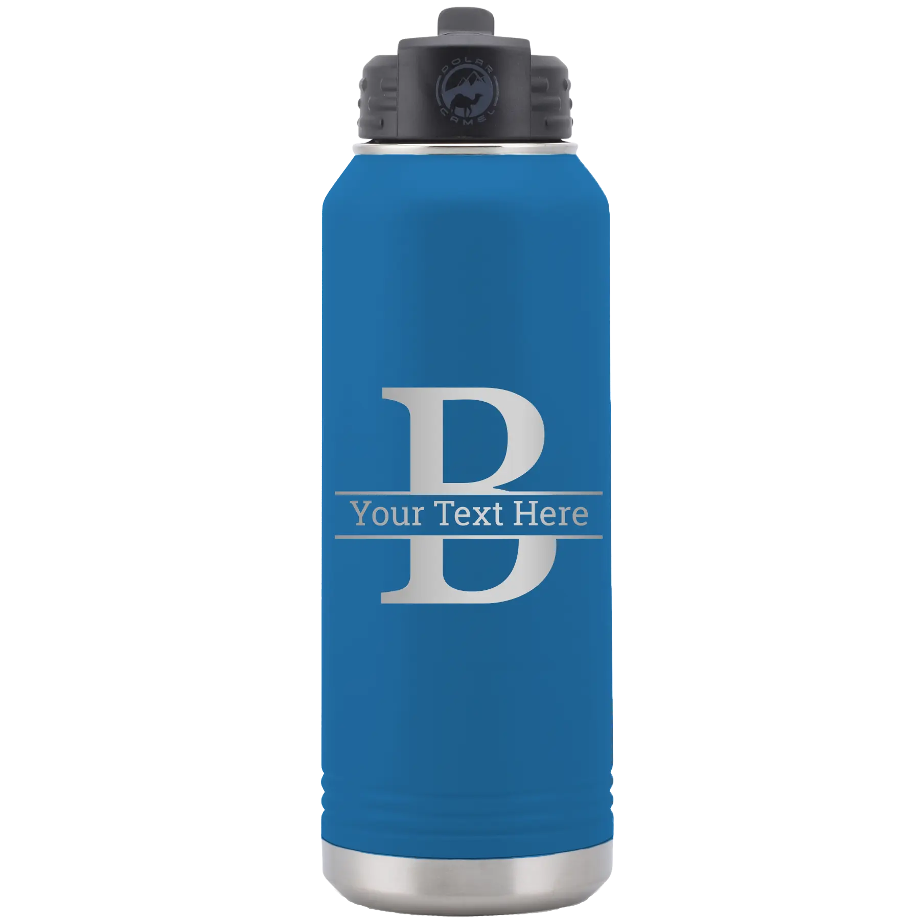 Personalized royal blue 32 oz vacuum insulated water bottle with 'Monogram letter B' design