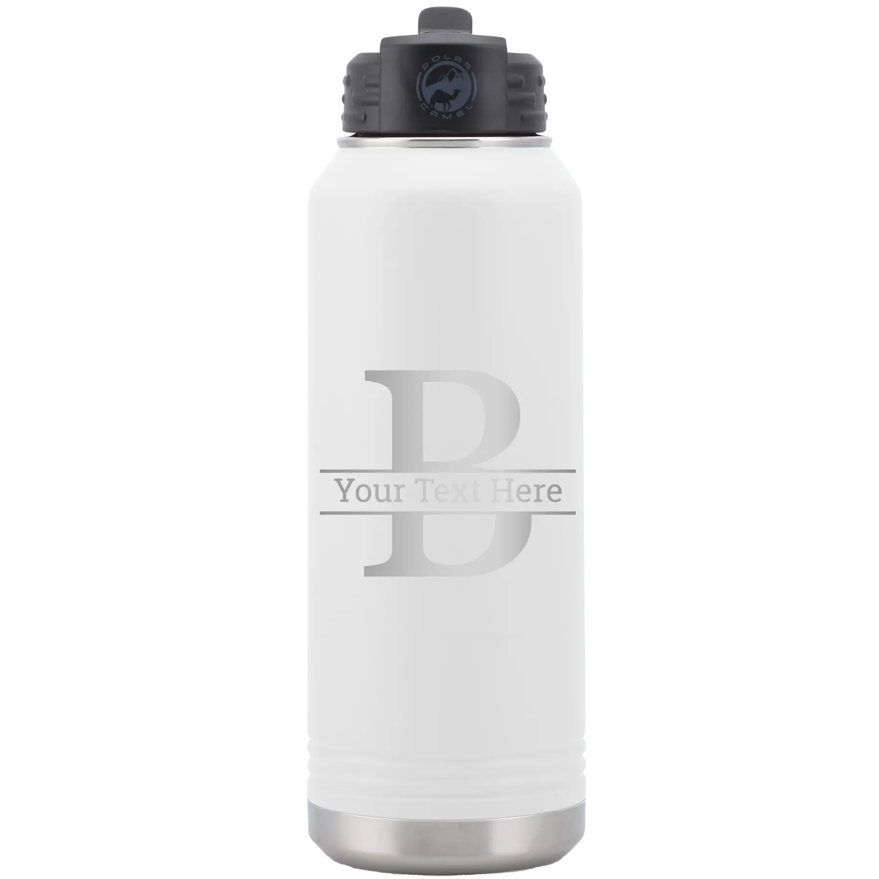 Personalized white 32 oz vacuum insulated water bottle with 'Monogram letter B' design