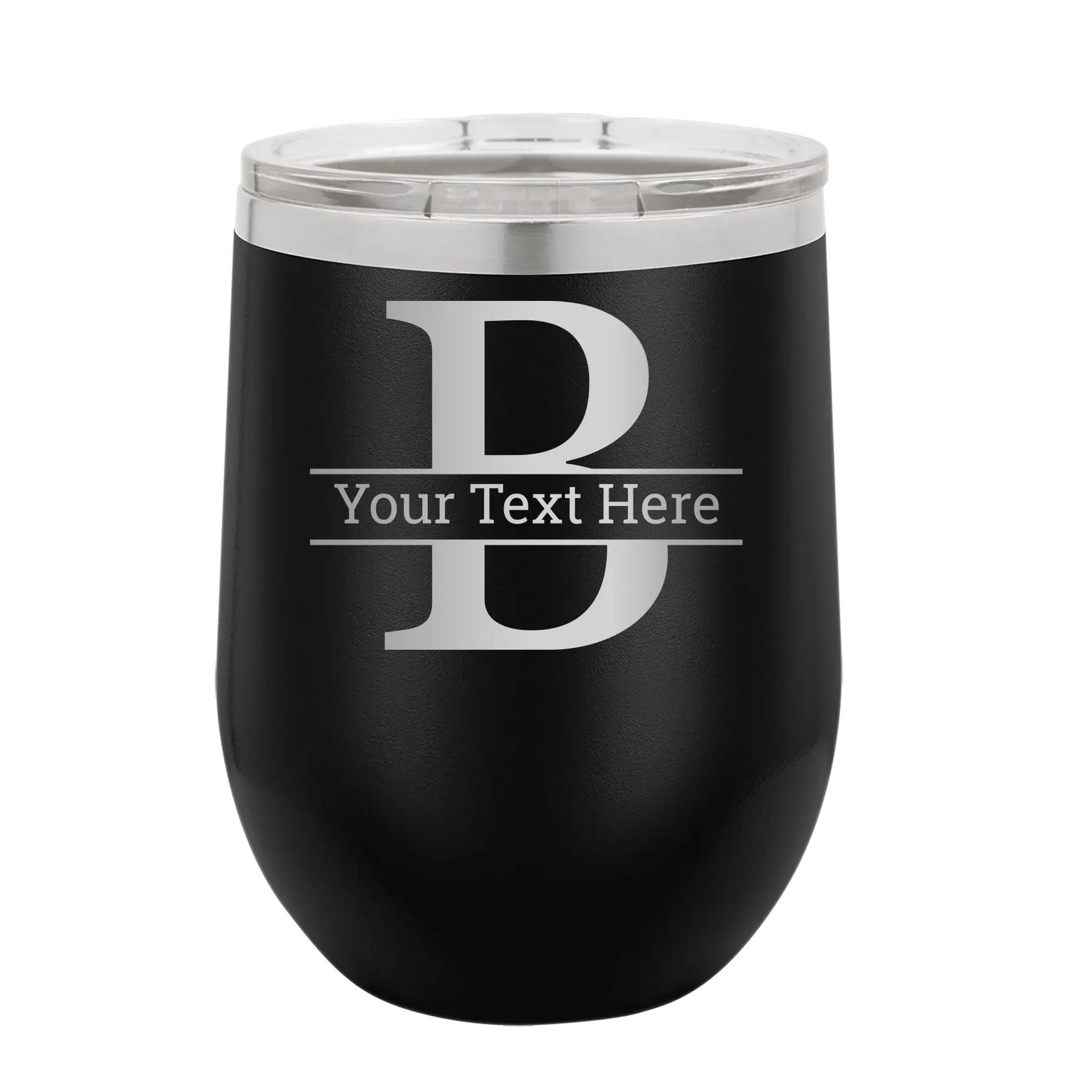 Personalized black 12 oz vacuum insulated wine cup with 'Monogram letter B' design