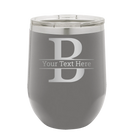Personalized dark gray 12 oz vacuum insulated wine cup with 'Monogram letter B' design