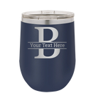Personalized navy 12 oz vacuum insulated wine cup with 'Monogram letter B' design