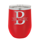 Personalized red 12 oz vacuum insulated wine cup with 'Monogram letter B' design