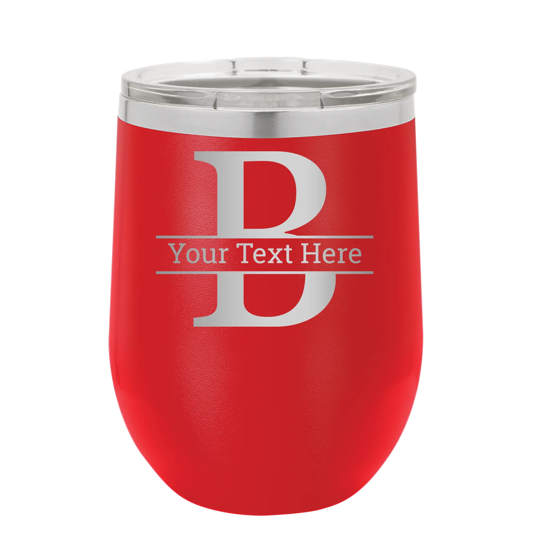 Personalized red 12 oz vacuum insulated wine cup with 'Monogram letter B' design