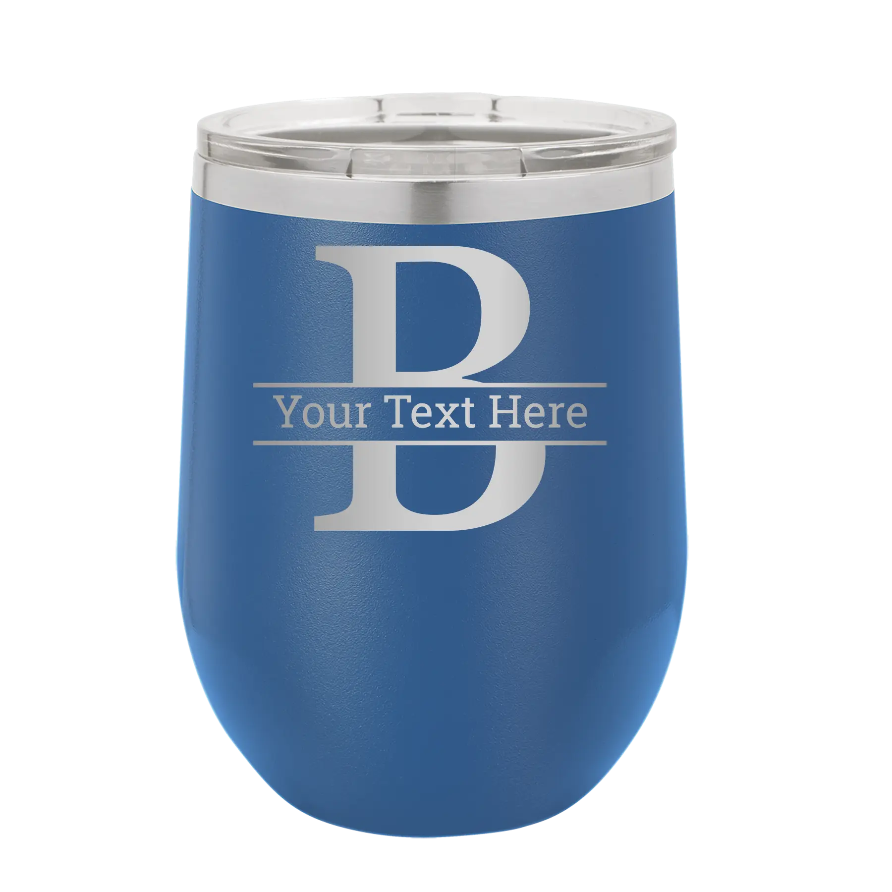 Personalized royal blue 12 oz vacuum insulated wine cup with 'Monogram letter B' design