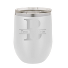 Personalized white 12 oz vacuum insulated wine cup with 'Monogram letter B' design