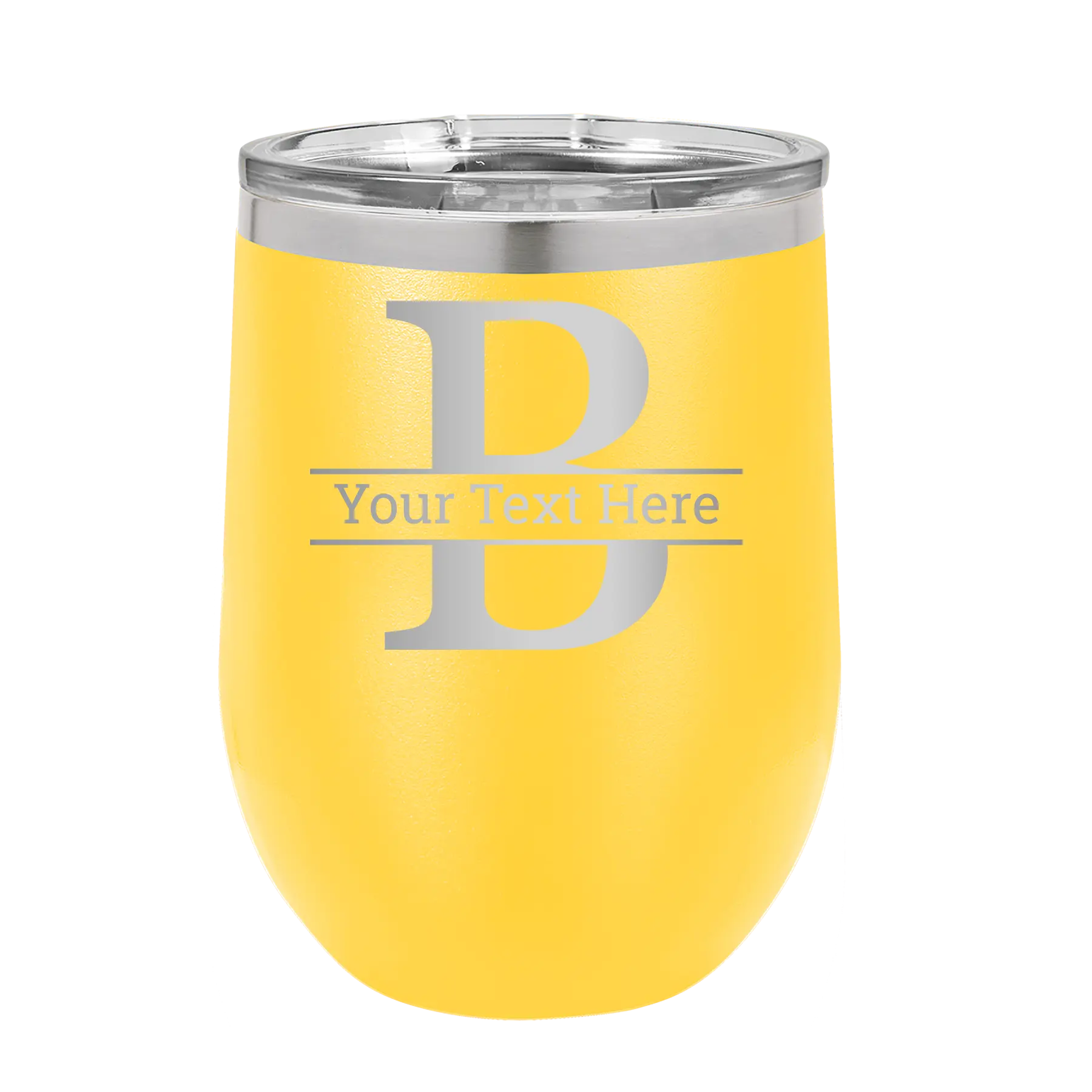 Personalized yellow 12 oz vacuum insulated wine cup with 'Monogram letter B' design