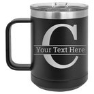 Personalized black 15 oz vacuum insulated coffee mug with 'Monogram letter C' design