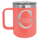 Personalized coral 15 oz vacuum insulated coffee mug with 'Monogram letter C' design