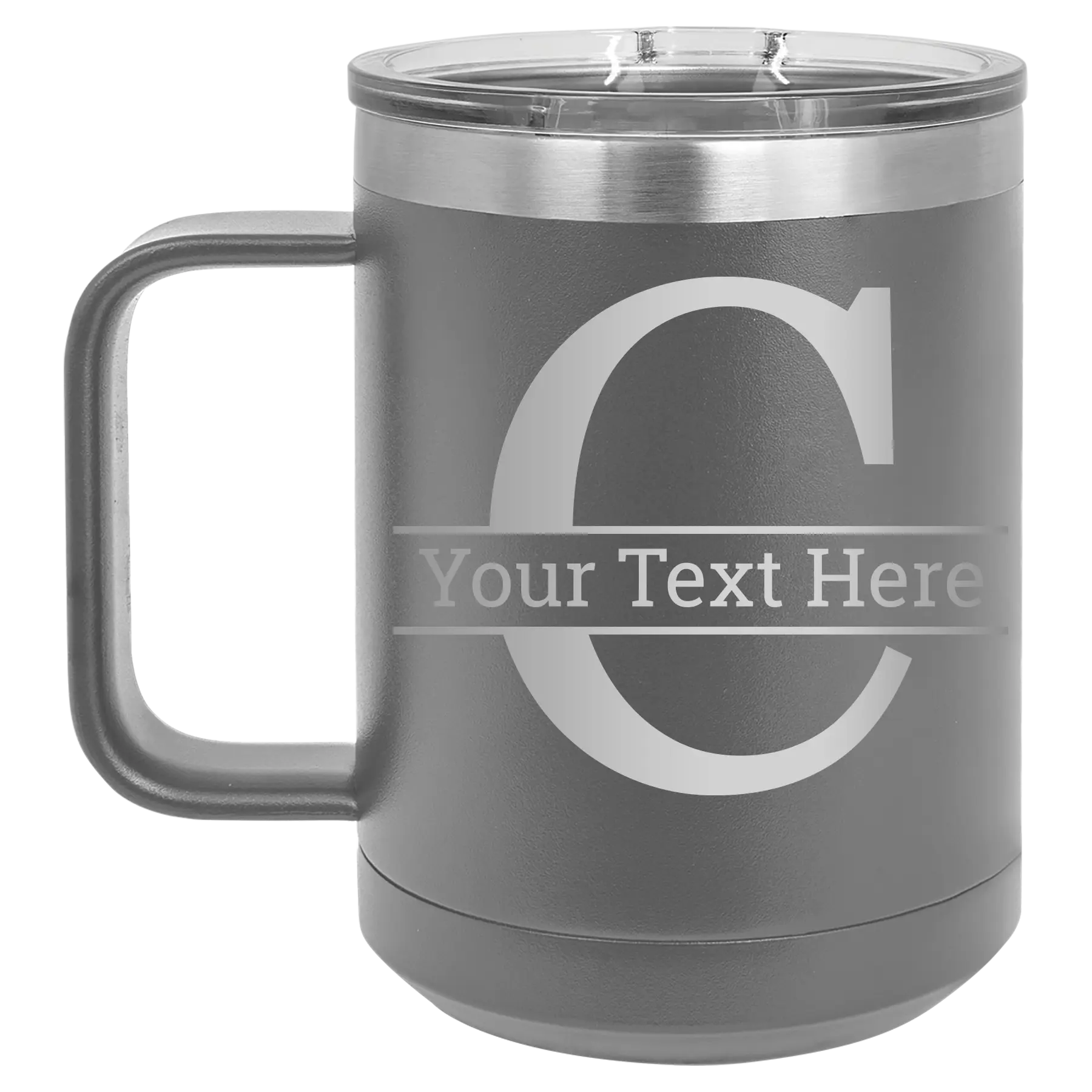 Personalized dark gray 15 oz vacuum insulated coffee mug with 'Monogram letter C' design