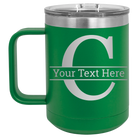 Personalized green 15 oz vacuum insulated coffee mug with 'Monogram letter C' design