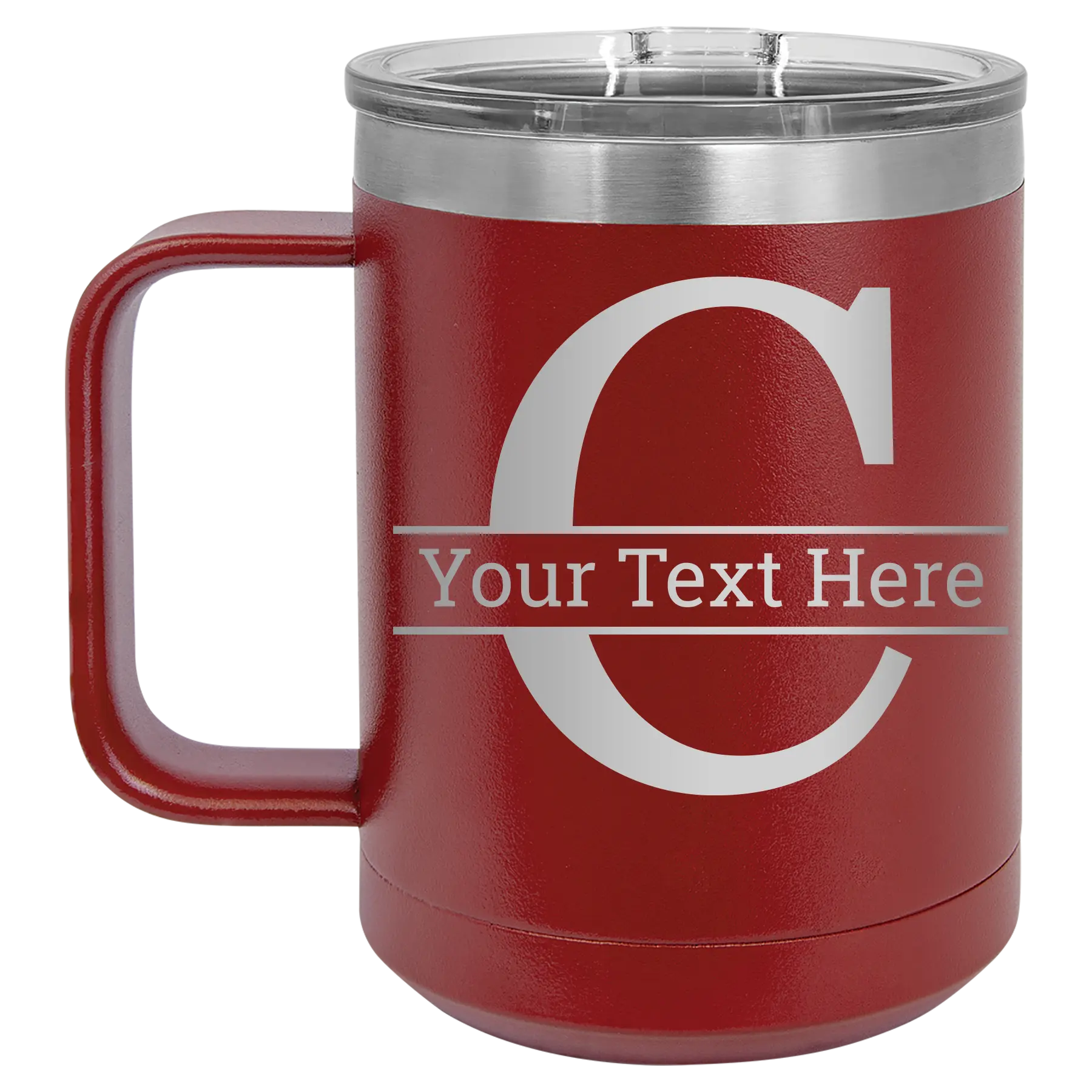 Personalized maroon 15 oz vacuum insulated coffee mug with 'Monogram letter C' design