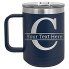Personalized navy 15 oz vacuum insulated coffee mug with 'Monogram letter C' design