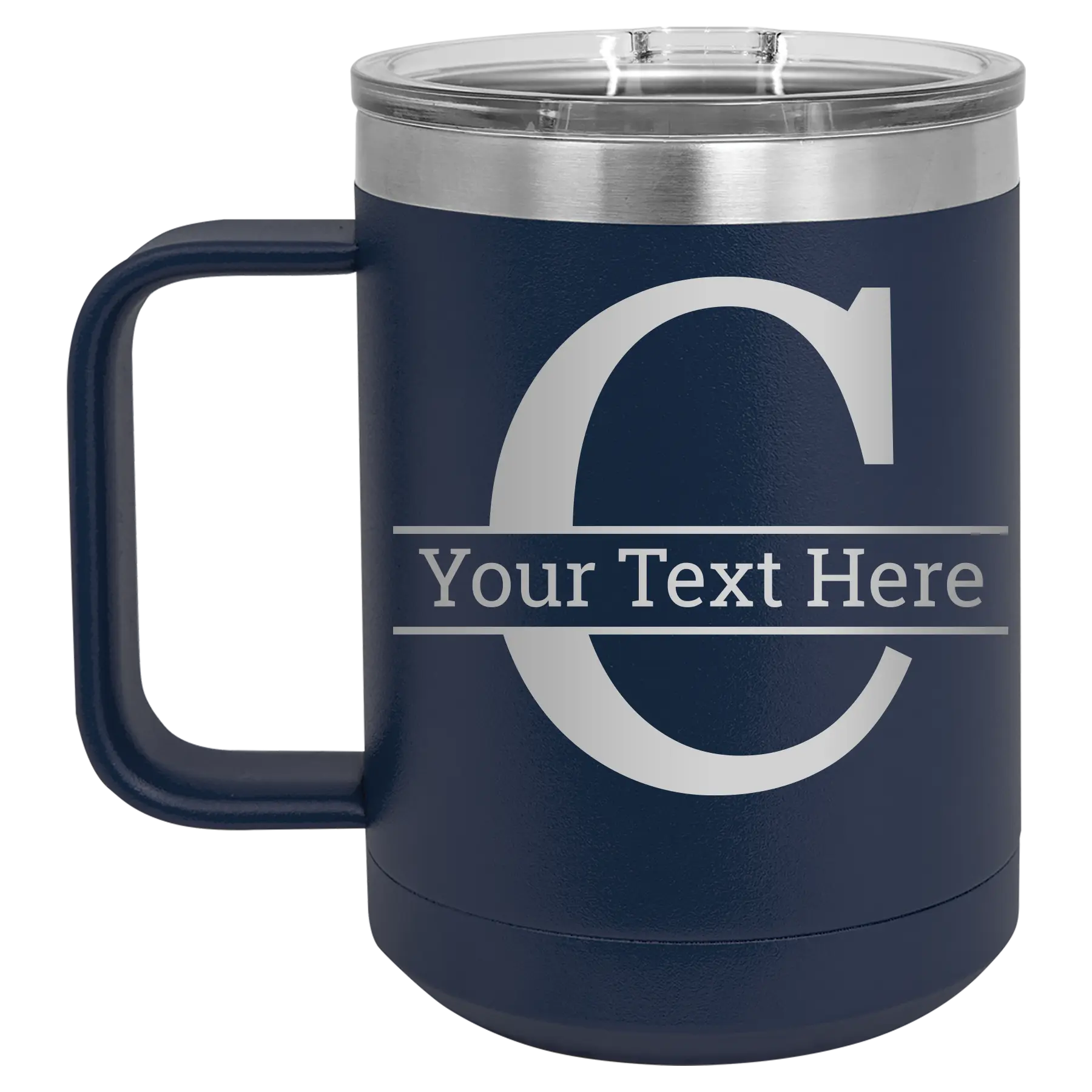 Personalized navy 15 oz vacuum insulated coffee mug with 'Monogram letter C' design