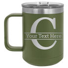 Personalized olive green 15 oz vacuum insulated coffee mug with 'Monogram letter C' design