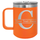 Personalized orange 15 oz vacuum insulated coffee mug with 'Monogram letter C' design