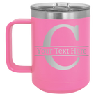 Personalized pink 15 oz vacuum insulated coffee mug with 'Monogram letter C' design