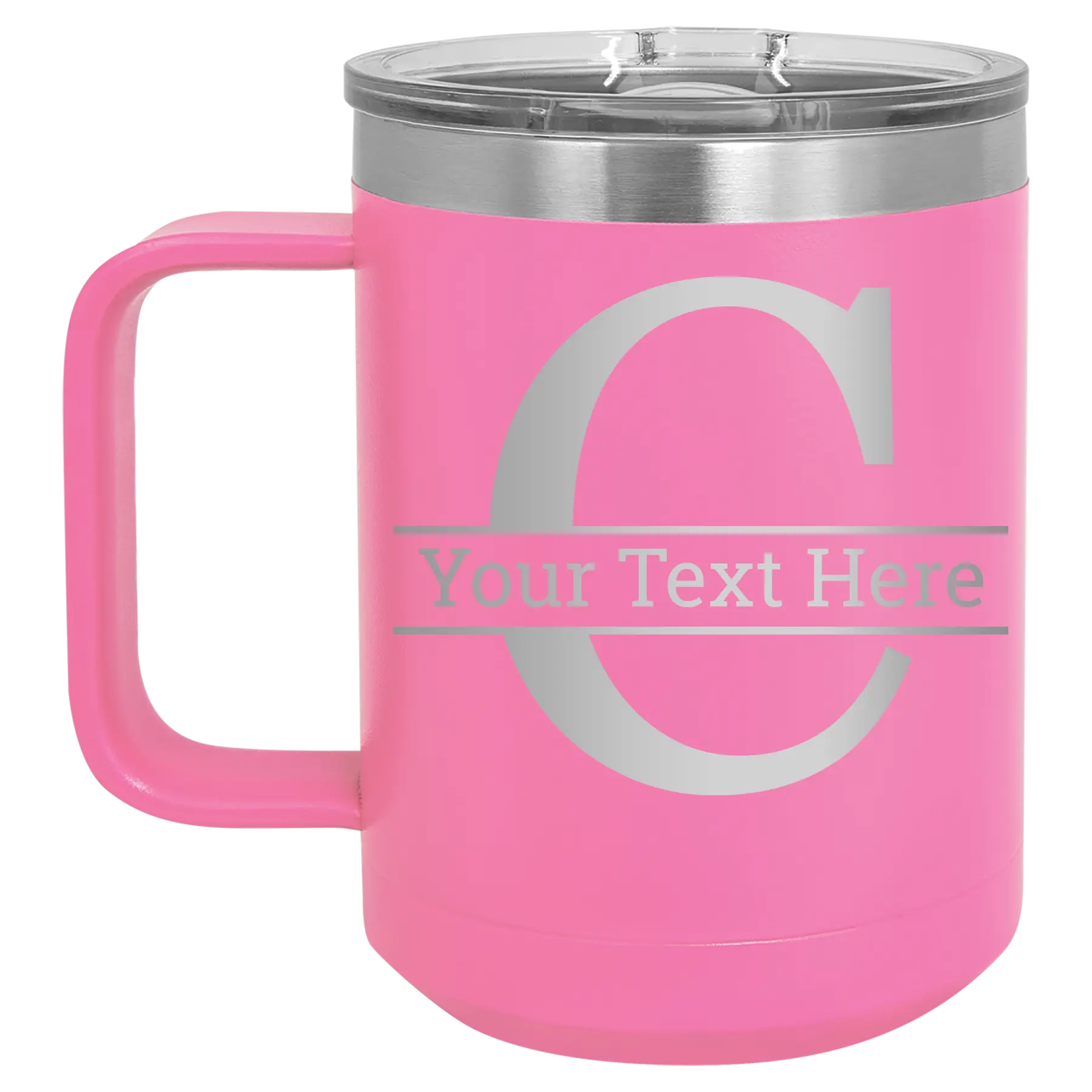 Personalized pink 15 oz vacuum insulated coffee mug with 'Monogram letter C' design