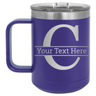 Personalized purple 15 oz vacuum insulated coffee mug with 'Monogram letter C' design