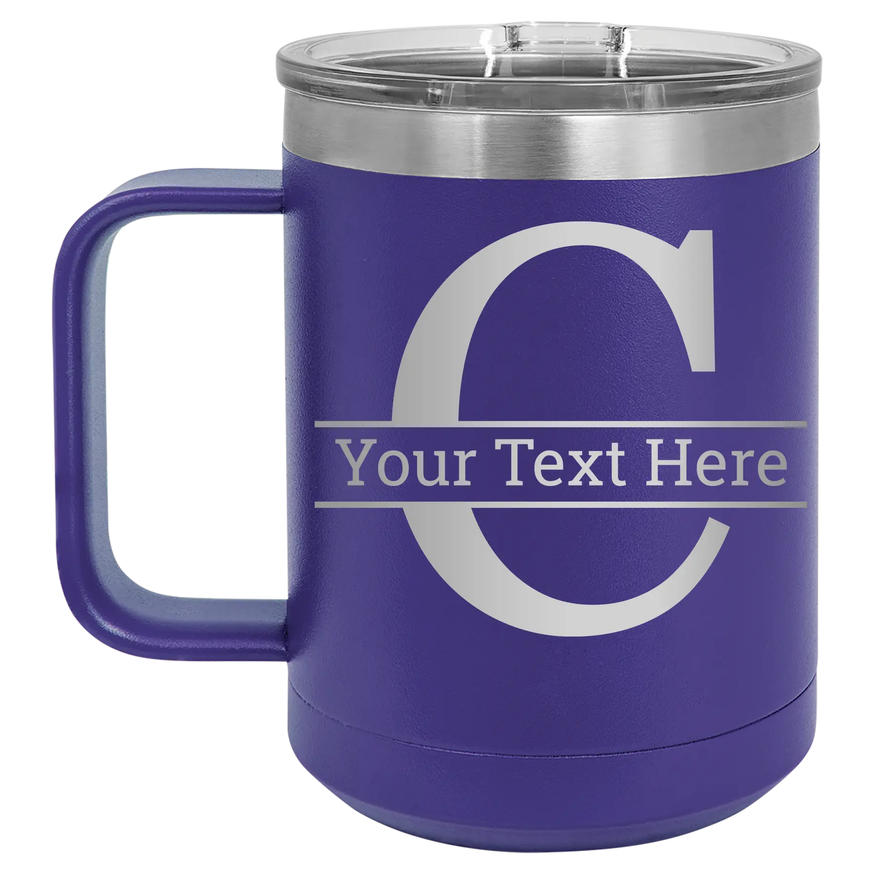 Personalized purple 15 oz vacuum insulated coffee mug with 'Monogram letter C' design