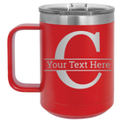 Personalized red 15 oz vacuum insulated coffee mug with 'Monogram letter C' design