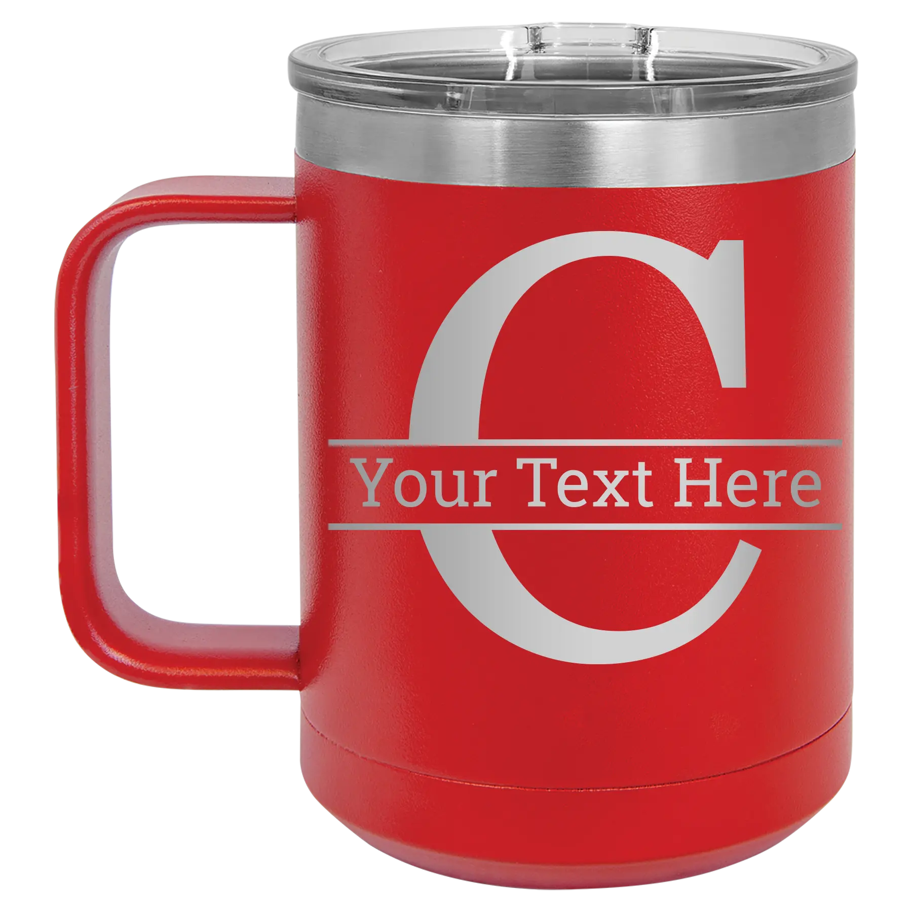 Personalized red 15 oz vacuum insulated coffee mug with 'Monogram letter C' design