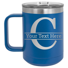 Personalized royal blue 15 oz vacuum insulated coffee mug with 'Monogram letter C' design