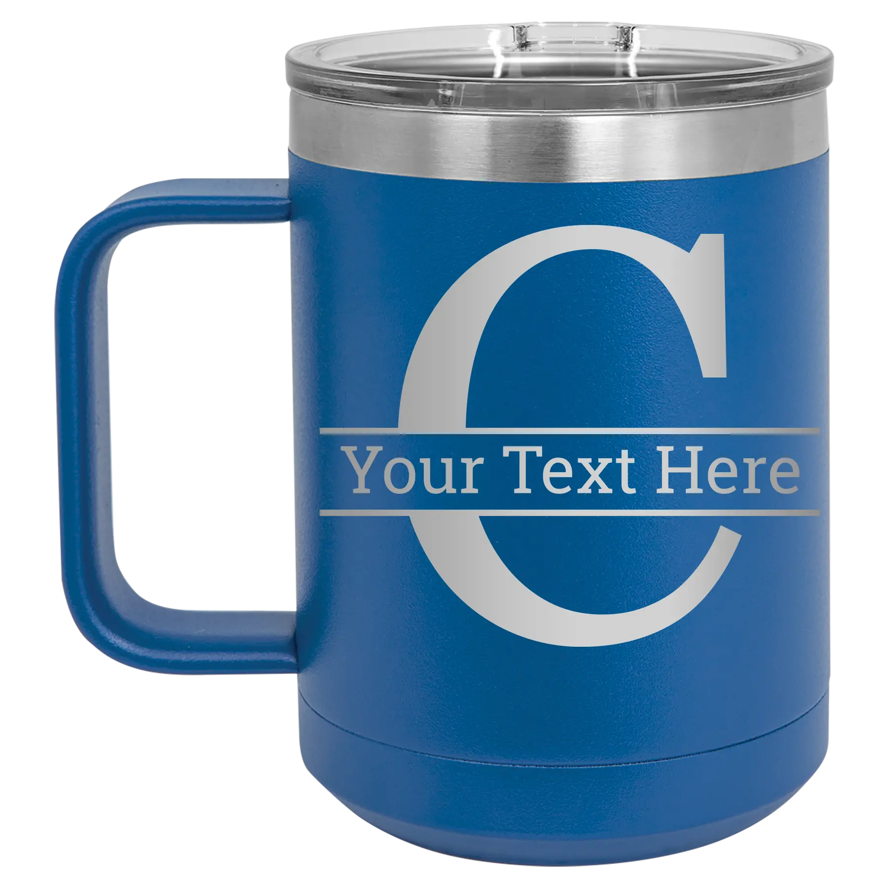 Personalized royal blue 15 oz vacuum insulated coffee mug with 'Monogram letter C' design