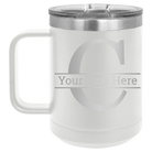 Personalized white 15 oz vacuum insulated coffee mug with 'Monogram letter C' design