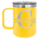 Personalized yellow 15 oz vacuum insulated coffee mug with 'Monogram letter C' design