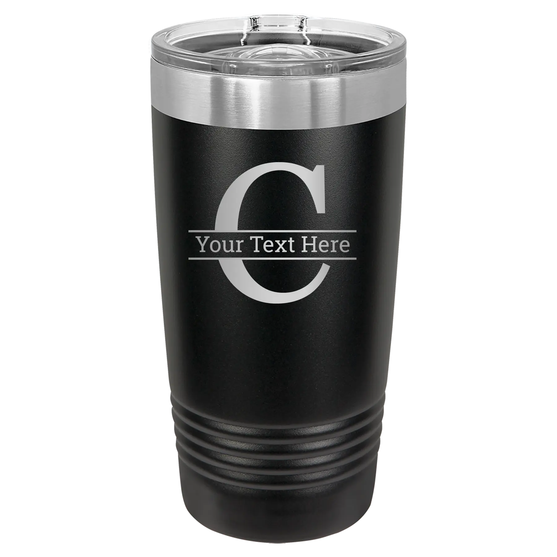 Personalized black 20 oz vacuum insulated tumbler with 'Monogram letter C' design