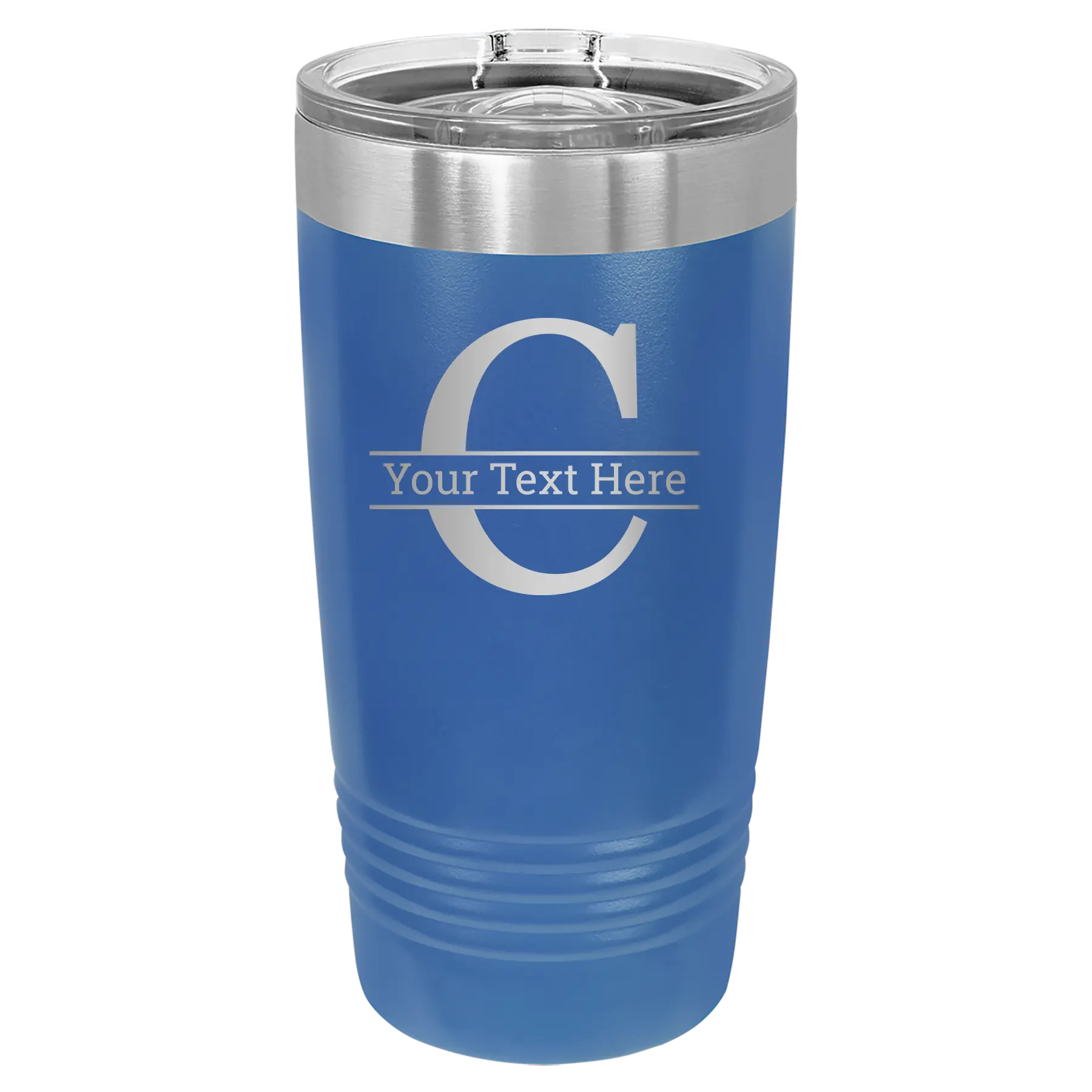 Personalized royal blue 20 oz vacuum insulated tumbler with 'Monogram letter C' design