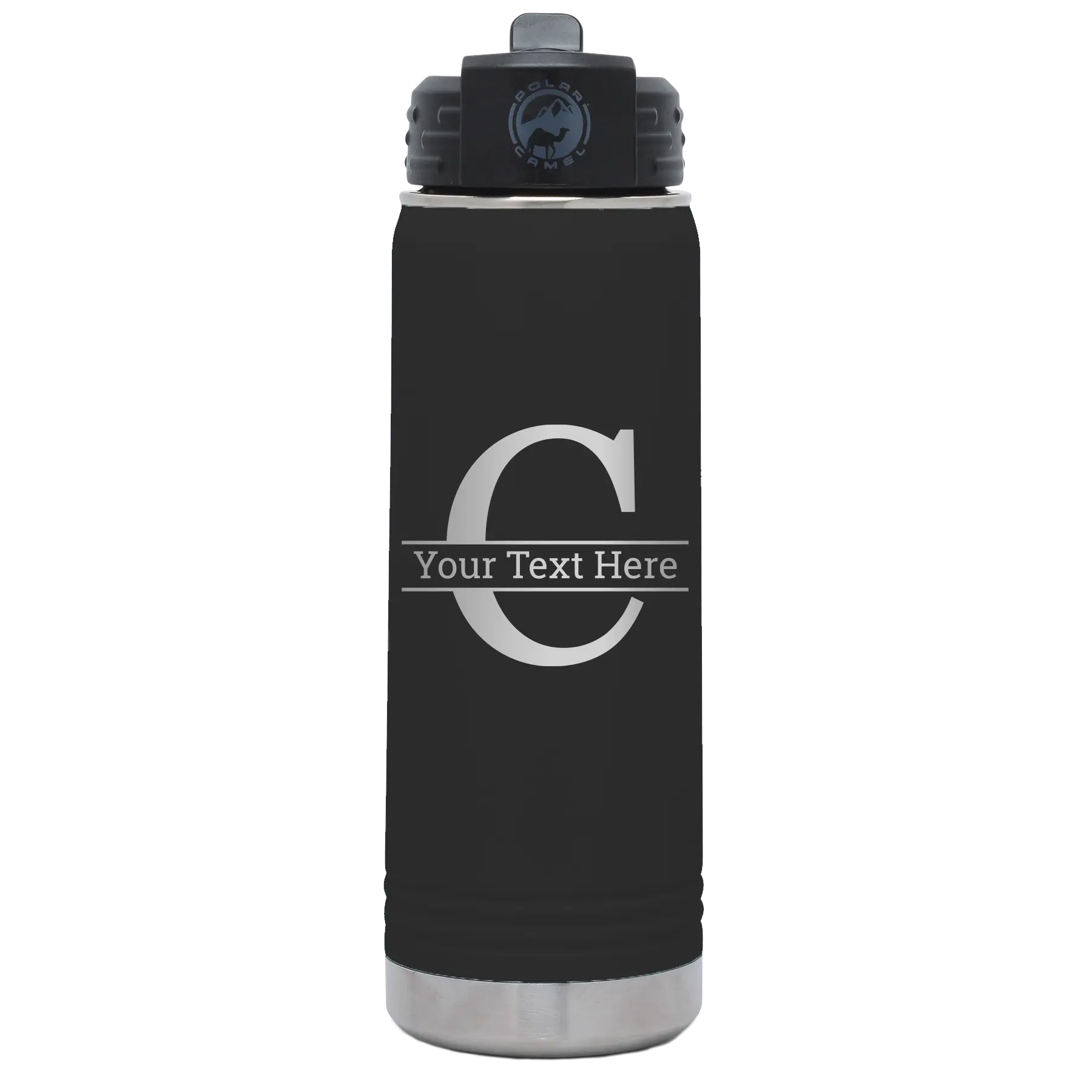 Personalized black 20 oz vacuum insulated water bottle with 'Monogram letter C' design