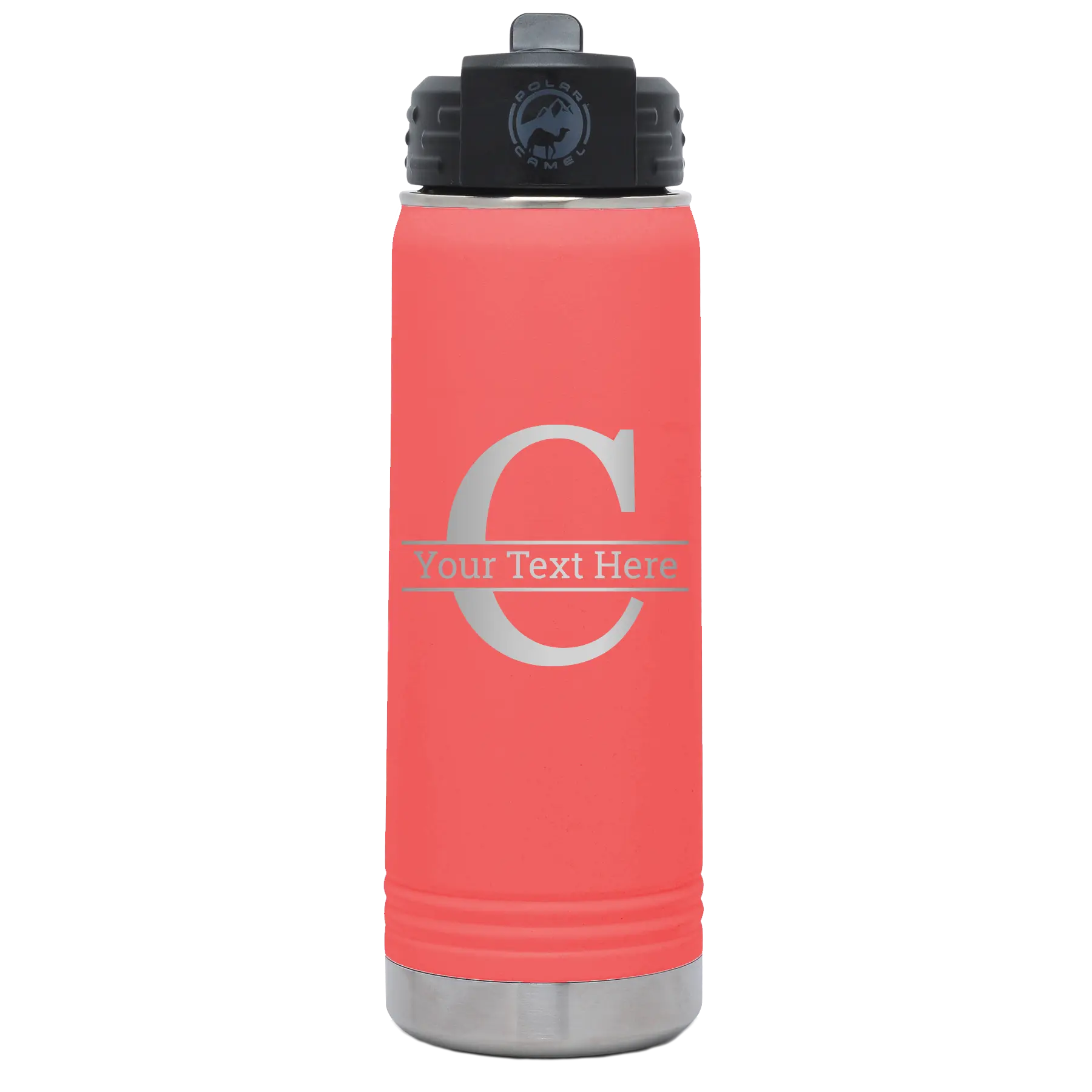 Personalized coral 20 oz vacuum insulated water bottle with 'Monogram letter C' design