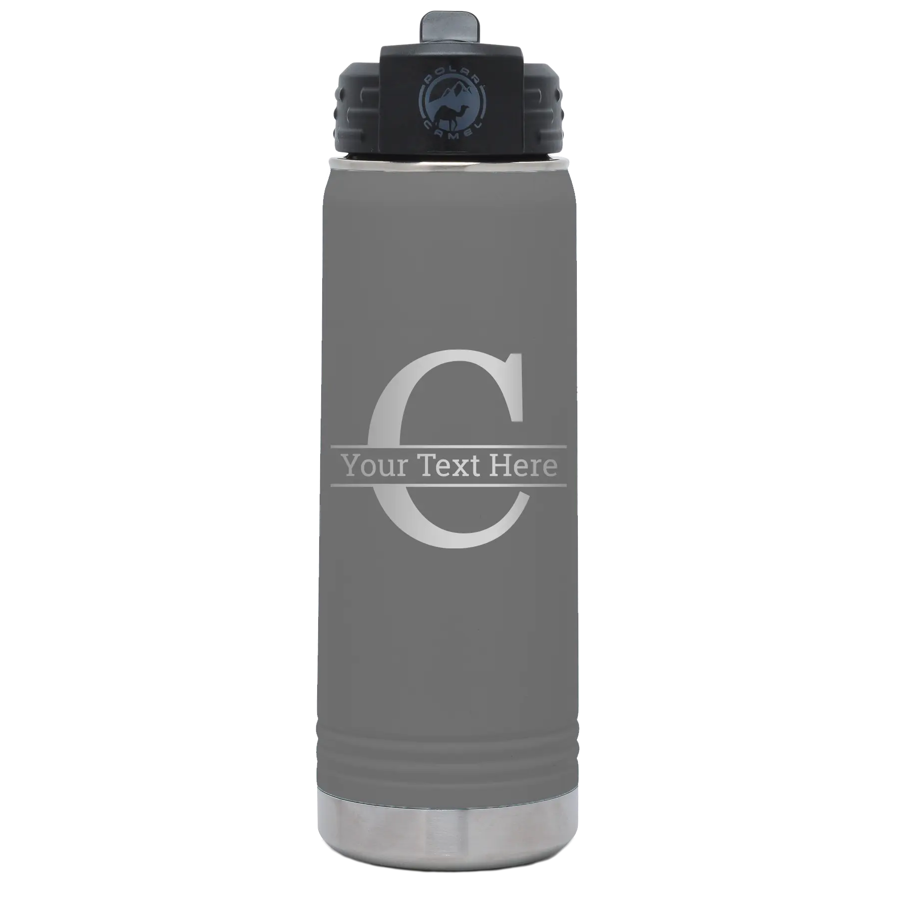 Personalized dark gray 20 oz vacuum insulated water bottle with 'Monogram letter C' design