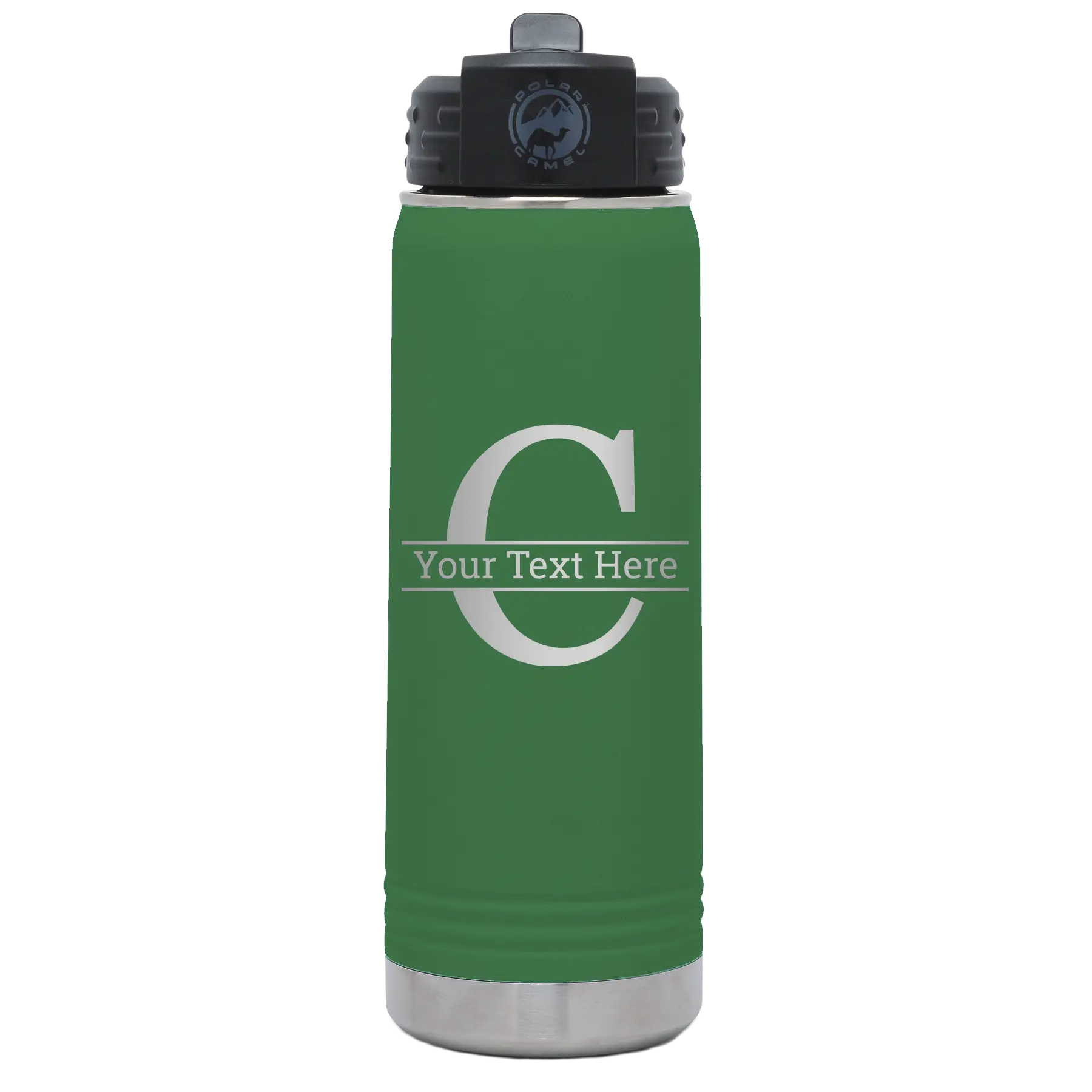 Personalized green 20 oz vacuum insulated water bottle with 'Monogram letter C' design
