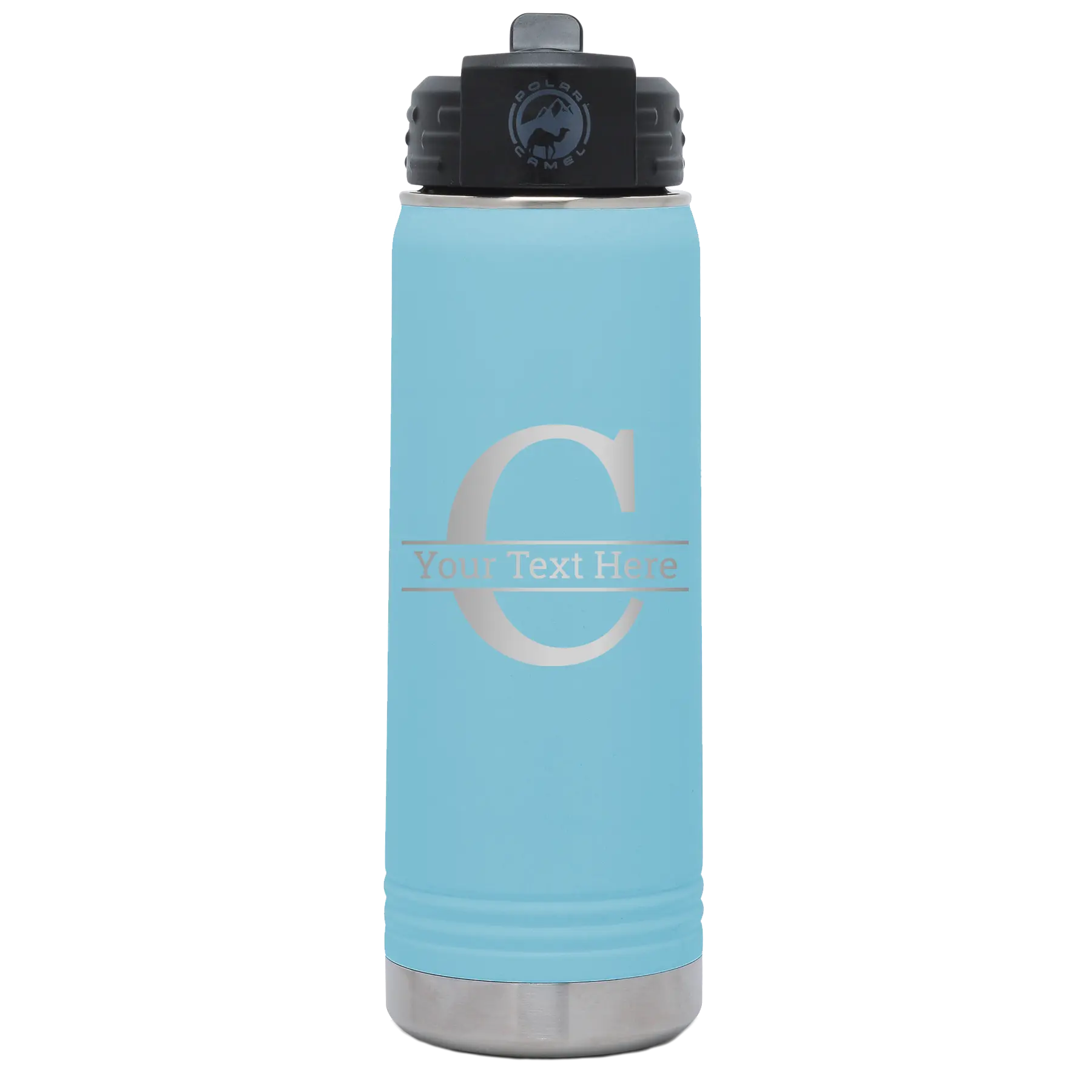 Personalized light blue 20 oz vacuum insulated water bottle with 'Monogram letter C' design