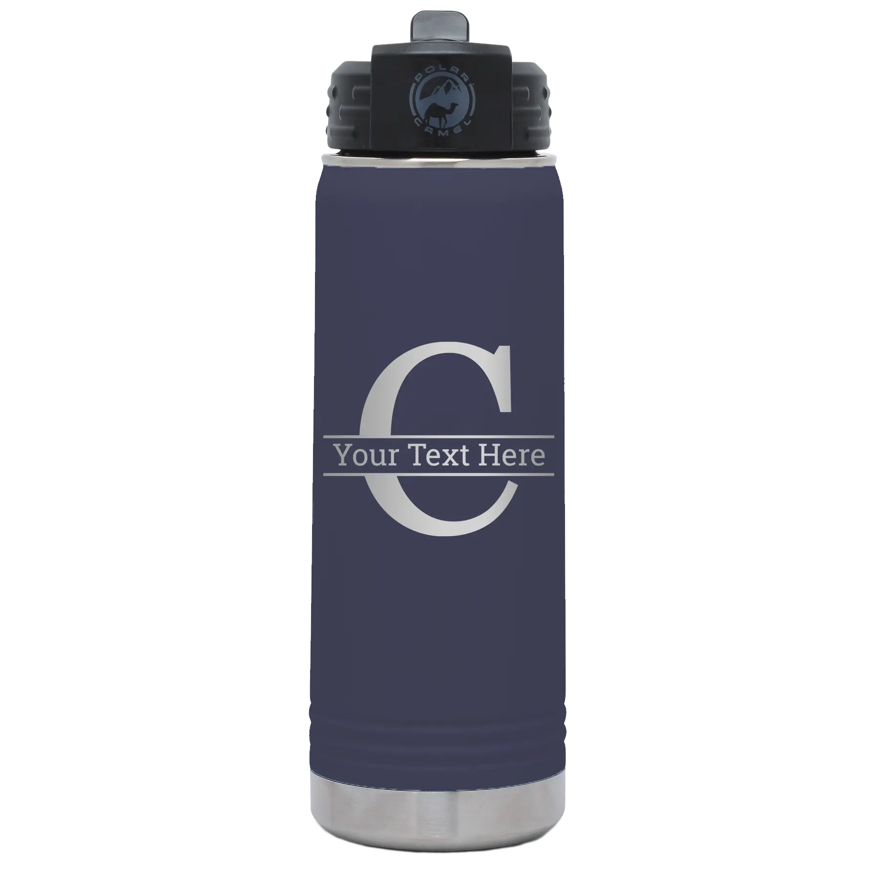 Personalized navy 20 oz vacuum insulated water bottle with 'Monogram letter C' design