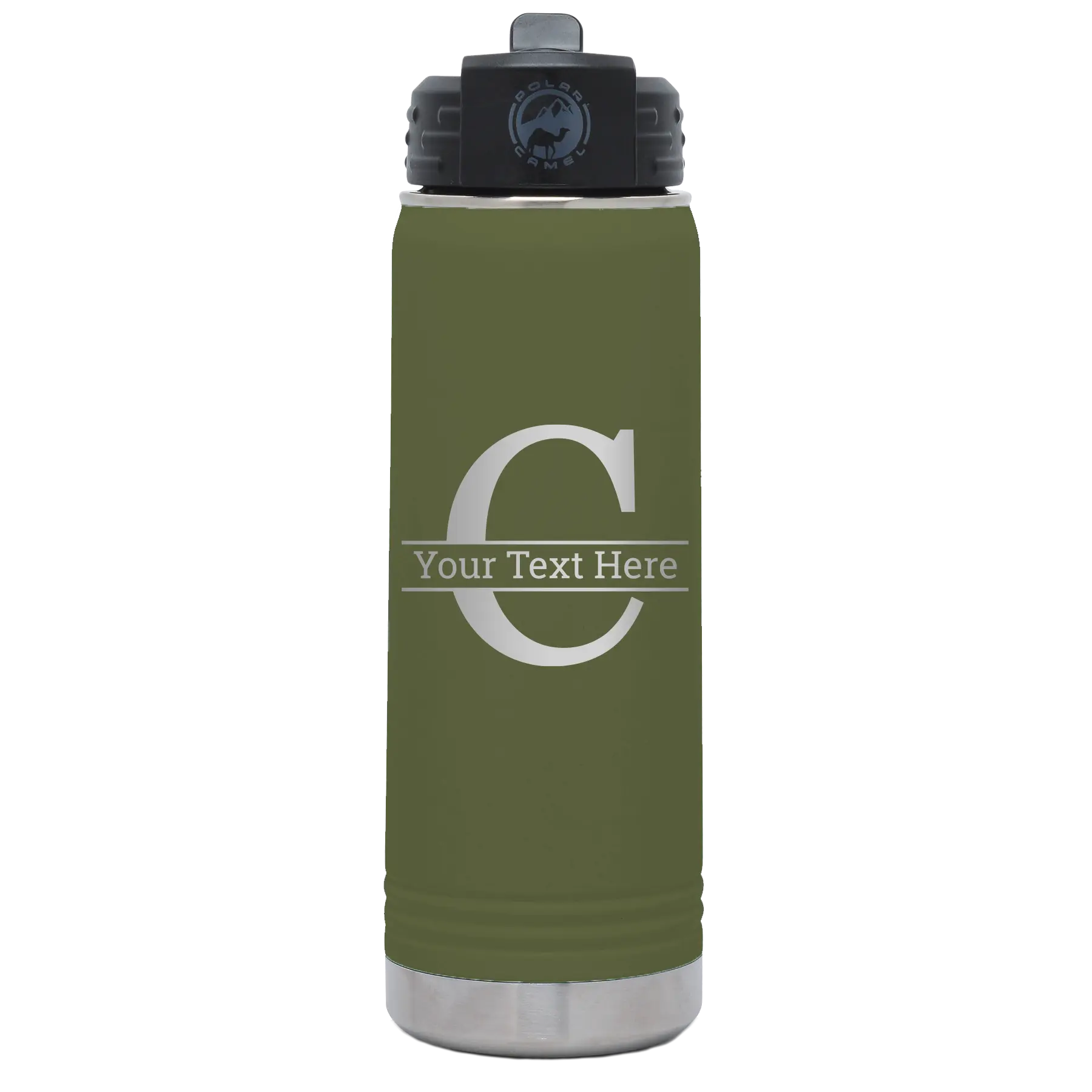 Personalized olive green 20 oz vacuum insulated water bottle with 'Monogram letter C' design